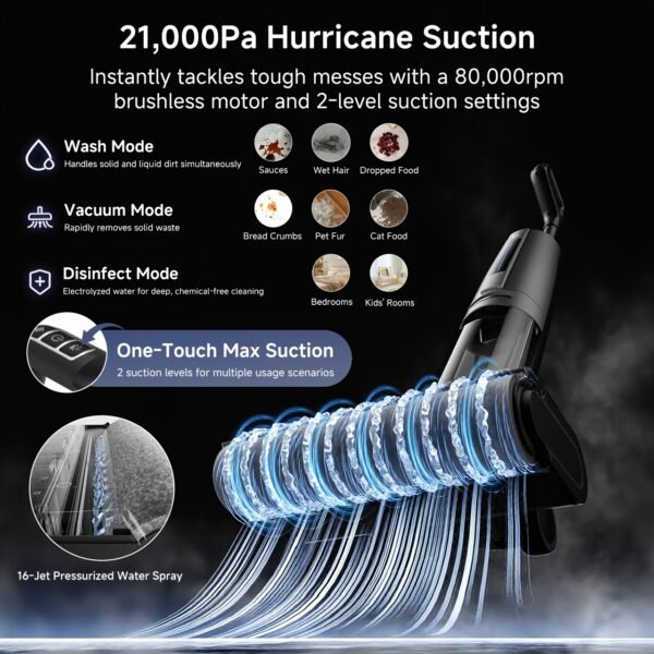 Wet And Dry Vacuum Cleaner 180° Flat Lying Mopping Dry Suction 21, 000Pa Suction Power 11.6cm